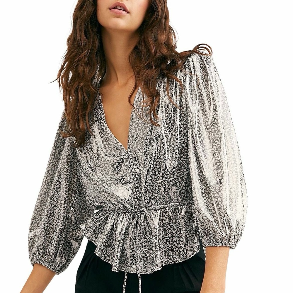 Free People Small Talk That Talk Metallic Floral Puff Sleeve Blouse